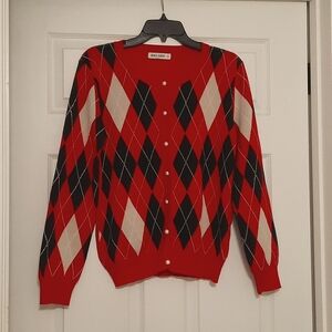 Grace Karin Medium Button Down Red Black Diamond Crewneck Sweater Cardig…